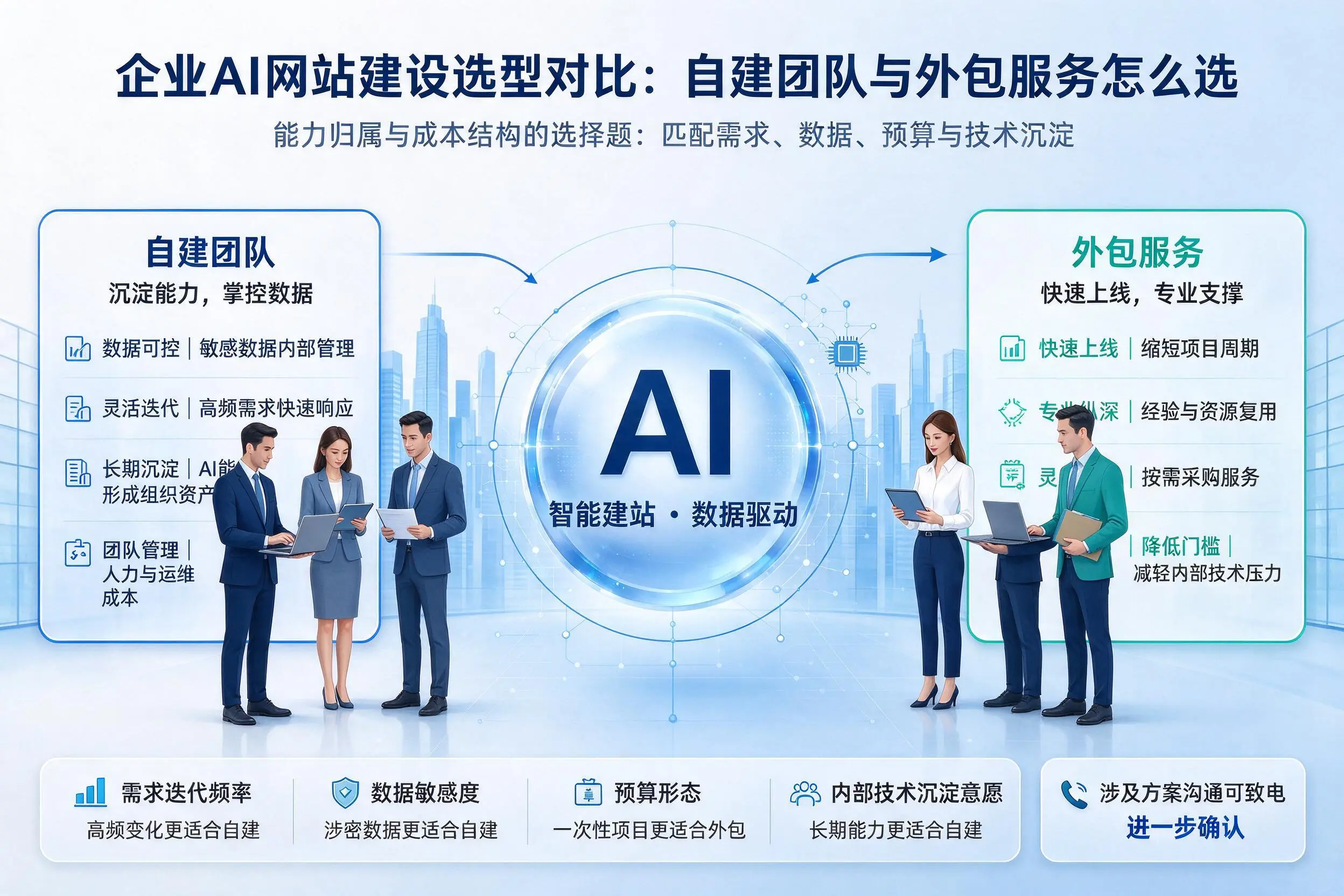 黑河企业AI网站建设选型对比:自建团队与外包服务怎么选
